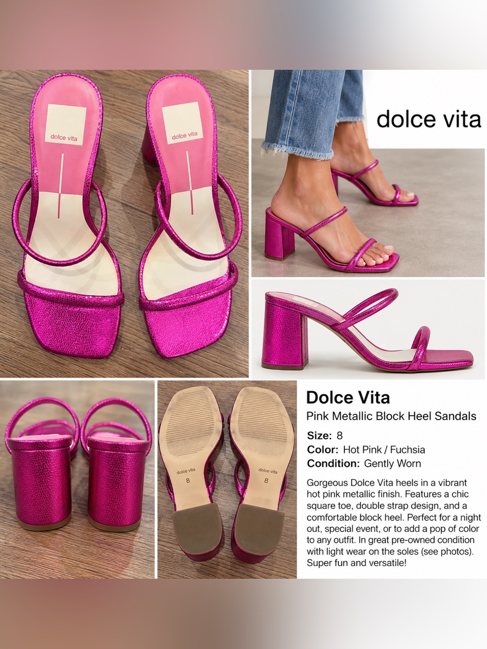 Dolce Vita Hot Pink Metallic Square Toe Block Heel Sandals Size 8